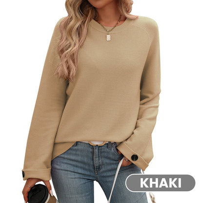 Women's Round Neck Long-Sleeve Sweater with Button Detail